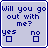 A 3x2 contact sheet of five animated frames showing a light purple dialog box with blue text asking "Will you go out with me?" and two options: "yes" and "no", each with an empty checkbox in the first frame, then progressively checked boxes across subsequent frames.