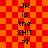 Pixelated text on a red-orange checkered background with two identical vertical of text and emoticon