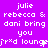 A static image with a purple background displays repeated white text in three , including names and phrases like "julie," "rebecca & dani bring you," and "fr×d lounge." The text is arranged in across the entire frame