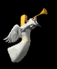 Animated angel figure in white robe with gold belt and wings, playing golden trumpet against black background.