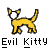 Yellow cartoon cat with white face and red accents in various poses, each labeled 'Evil Kitty' below.