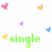 Pixelated green text reads 'single', 'fool..', and 'love me!' against a white background with scattered colorful hearts, with a gray rectangle in the bottom-right corner.