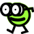 A green cartoon character with large eyes and a wide smile walks in a sequence of showing alternating leg positions