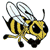 Pixelated bee icon with yellow and black stripes, translucent wings, and visible antennae on a white background.