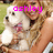 A pixelated image shows a person holding a small white dog with brown patches, overlaid with bright pink text reading 'ashley' in lowercase letters.