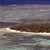 Pixelated landscape with layered horizontal bands of blue, gray, brown, and white, showing a distant horizon line and water reflection.