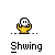 Pixel art character in yellow shirt with white face and black eyes, shown in multiple poses with 'Shwing' text and speech bubbles.