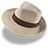 Pixelated beige trilby hat with dark brown band, viewed from above on light gray background.
