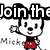 Pixelated cartoon characters with text overlays: Mickey Mouse, Minnie Mouse, and a gray mouse-like figure in red shorts.