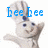 Pixelated cartoon character with light brown fur, dark eyes, and a smiling expression, holding a blue 'bee bee' text above its head against a white background.