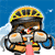 Pixelated cartoon character wearing yellow and black helmet, orange outfit, and gray gloves, holding bicycle pump with pink hose against blue sky background.