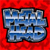 Pixelated blue text on a red background with black outlines and white highlights, forming a stylized word.