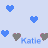 Pixelated light blue background with scattered blue and gray heart icons, each containing small pink accents; the name 'Katie' appears in multiple locations.