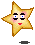 Pixelated star-shaped character with brown outline, blue eyes, black eyebrows, red lips, and pink cheeks; right-side version has thought bubble containing strawberry.