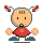 Pixel art character with peach skin, red antennae tips, and a red shirt featuring an X symbol. The character displays multiple expressions including neutral, surprised, and wide-eyed states.