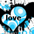 Pixelated icon with blue and white heart shape containing the word 'love' in black text, surrounded by black and blue splatter effects on white background.