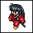 Pixel art animation of a character in red clothing with long dark hair performing four distinct poses on a gray background.