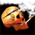 A pixelated skull with a cigarette in its mouth, emitting smoke against a black background.