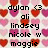 Pixelated image with heart-patterned background displaying names and text in blocky font.