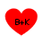 Four red heart shapes with black text "B+K" centered on each, arranged in a against white background