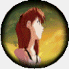 Circular animated icon shows a character with long brown hair in profile, wearing a pink top with dark straps, against a yellow-green gradient background.