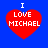 Four red heart-shaped icons with white text "I LOVE MICHAEL" on a blue background, each displaying slight variations in pixelation and alignment.