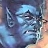 Pixelated blue-toned figure with dark hair and closed eyes against a gradient background of blue and brown hues.