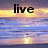 Animated sunset scene with text overlays changing across frames, showing 'live', 'laugh', and 'love' over a water reflection.