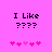 Pixelated text "I Like ????" on bright pink background with five heart symbols below, two versions differ in heart coloration.