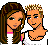 Pixelated cartoon-style animation frames showing two characters in casual clothing with visible brand logos and partial body views.