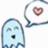 Light blue ghost with closed eyes and open mouth, next to a white speech bubble containing a pink heart on white background.