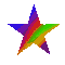Four star-shaped pixel art icons with rainbow color gradients rotate clockwise on a gray background.