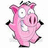 Pixelated pink pig with wide eyes, open mouth showing teeth, black hooves and ears, standing against white background.