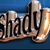 Pixelated 3D text spelling 'shady' in metallic brown and black with orange highlights on a blue background.