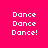 Four identical display 'Dance Dance Dance!' text on bright pink backgrounds with black bars, each showing the same static pixel art composition