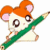 A pixelated hamster with orange fur on its head and white body holds a green pencil diagonally across its face against an orange background.