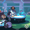 Pixel art scene with multiple characters in a futuristic setting, featuring blue and green color palette.
