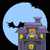 Animated sequence of a purple house with yellow windows against a light blue moon, bats flying in various positions across frames.