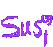 Purple pixelated text 'Susi' repeated across a light gray background in multiple orientations.