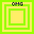 Four square display a sequence of nested green and yellow squares with "OMG" text above each