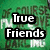 Green background with 'True Friends' text, brown background with 'Love and Break', white background with 'Laugh and Cry' text over heart symbols.