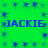 Green background with blue text "JACKIE" repeated four times in two , surrounded by small blue star-like patterns