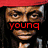 A pixelated image of a person with long dark hair wearing a red headband and white shirt, overlaid with text reading 'young' in red and 'baybee' in white.