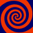 Four orange and dark blue spiral patterns arranged in a symmetrical with an orange center point