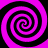 Four black and magenta spiral patterns arranged in a symmetrical on a solid background