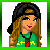 Pixel art buddy icon showing a blonde woman with black headscarf in two animation frames, wearing green shirt with yellow text and red/black design.