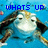 Pixelated cartoon character with long brown hair and blue shirt against blue background, text changes from WHATS UP to DUDE!!