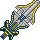 Six pixelated sword icons arranged in two , each with blue and yellow accents on a gray background, showing variations in blade and hilt details