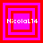 Four variations of a pixelated icon with layered red and pink squares and the text 'NicolaL14' displayed in white pixel font.