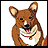 Pixelated brown dog with white chest and face markings in a cartoon style, next to stylized text on black background.
